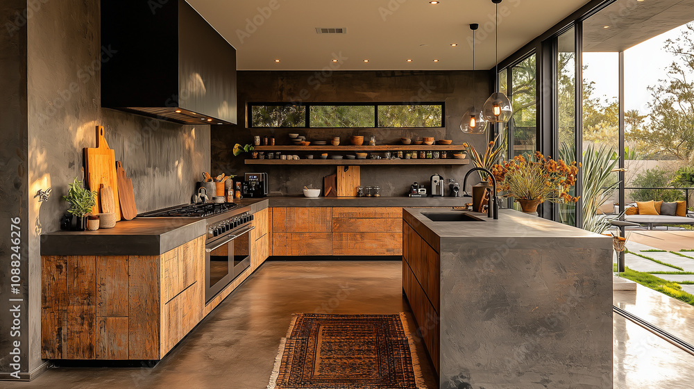 Industrial Chic Kitchen: A modern kitchen with a rustic edge, showcasing sleek concrete countertops, warm wood cabinetry, and a stunning view of the outdoors through large windows. Industrial Chic Kitchen: A modern kitchen with a rustic edge, showcasing sleek concrete countertops, warm wood cabinetry, and a stunning view of the outdoors through large windows.