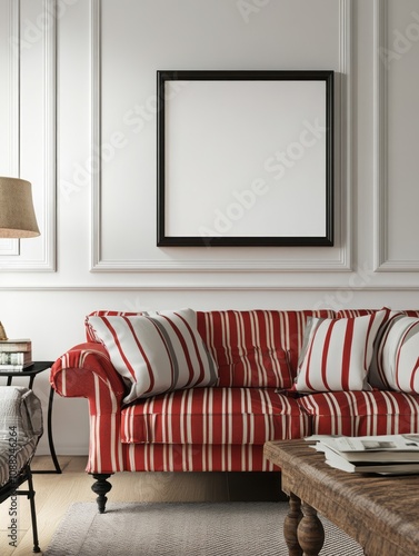 Red Striped Sofa With Pillo...