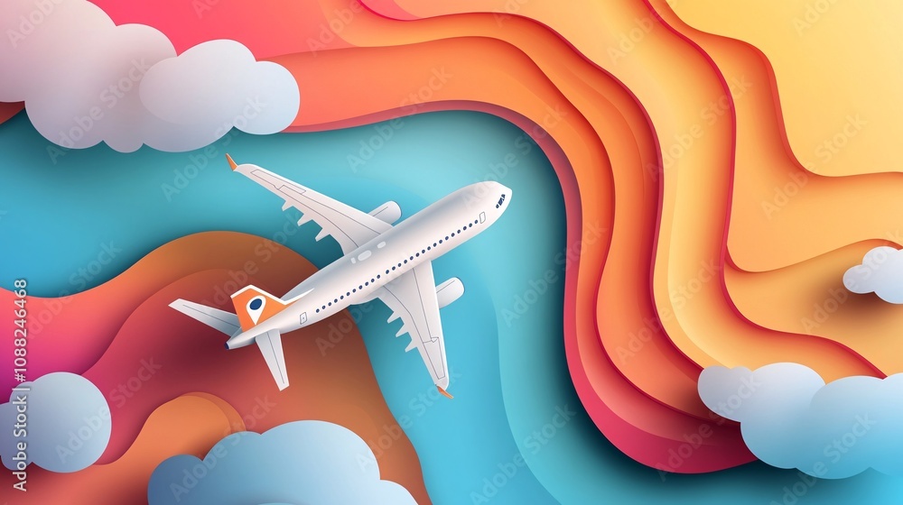 Naklejka premium 2410_165.sophisticated travel poster design, commercial airliner vector, creative pin marker concept, designer luggage element, curved earth perspective, minimal cloud shapes, professional marketing