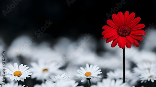 A vibrant red flower standing tall in a field of white daisies, representing bold individuality against a backdrop of conformity, individuality, contrast and symbolism photo