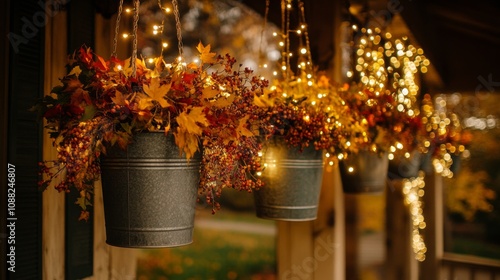 Autumn Leaves and Lights in Hanging Buckets