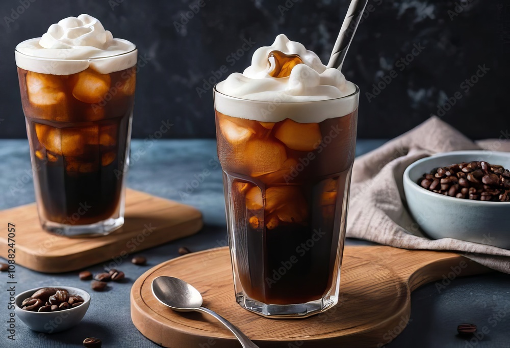 A cup of iced coffee with a layer of frothy cold foam on top A cup of iced coffee with a layer of frothy cold foam on top