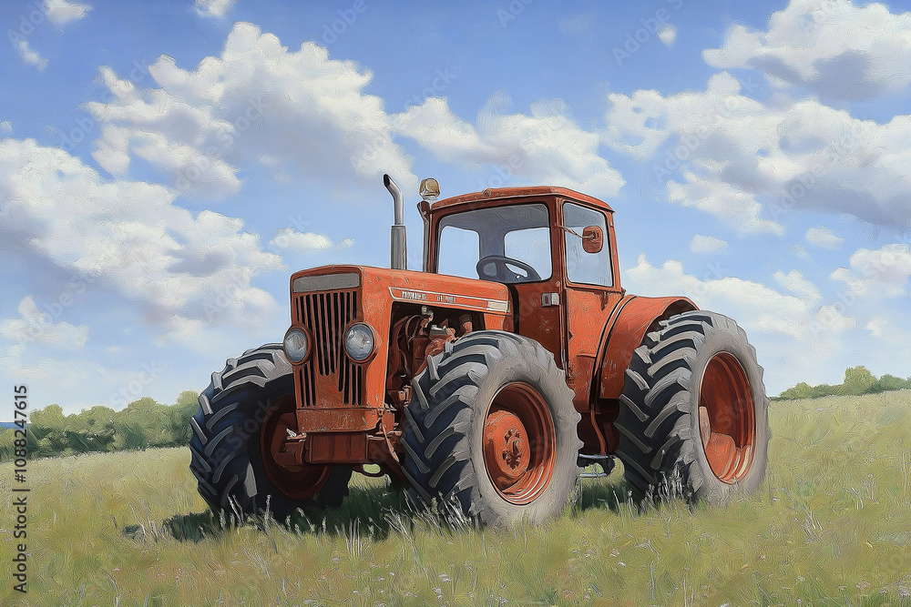 Red tractor standing in green field under cloudy sky Red tractor standing in green field under cloudy sky