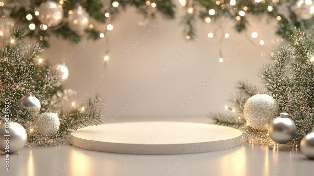 Elegant Minimalist Christmas Ornaments Display on Soft Background with Lights and Greenery, Perfect for Holiday Promotions and Seasonal Decoration Ideas Elegant Minimalist Christmas Ornaments Display on Soft Background with Lights and Greenery, Perfect for Holiday Promotions and Seasonal Decoration Ideas