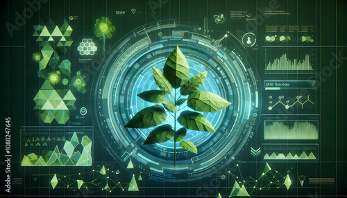 Green earthA futuristic 3D green HUD display with low-poly plant visuals, representing genetic structures in t2 photo