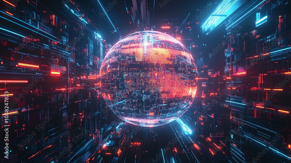 2410_274.high-tech visualization of a global network, with data servers connected to a glowing holographic globe, digital signals flowing, futuristic information processing setup, neon lighting, 2410_274.high-tech visualization of a global network, with data servers connected to a glowing holographic globe, digital signals flowing, futuristic information processing setup, neon lighting,