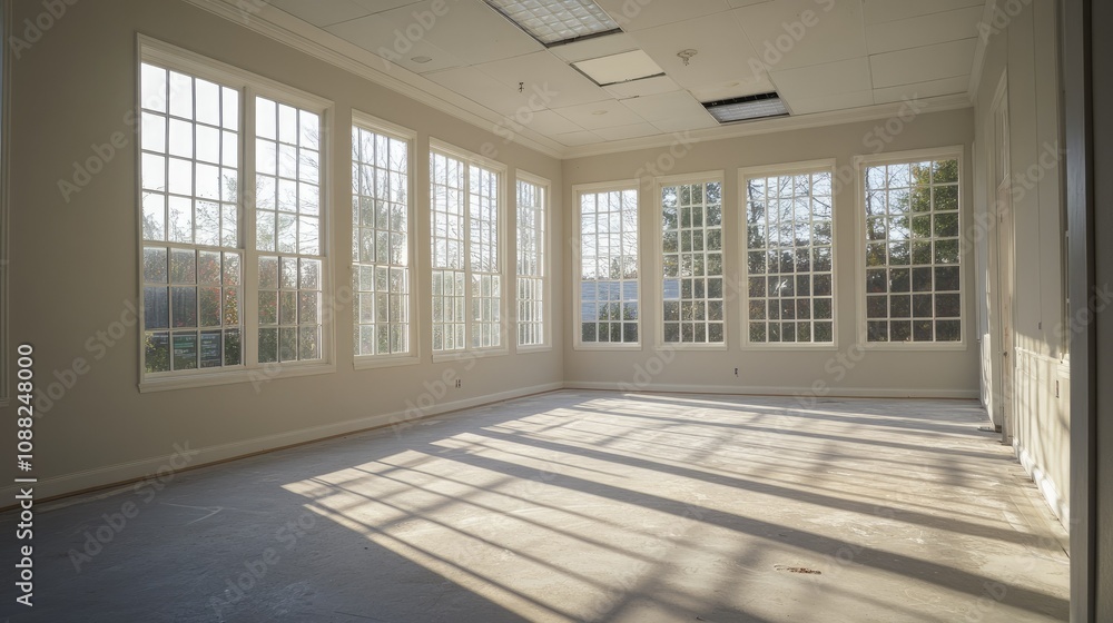 Spacious and Bright Empty Room with Large Windows Bathed in Natural Light, Perfect for Interior Design Concepts or Renovation Projects Spacious and Bright Empty Room with Large Windows Bathed in Natural Light, Perfect for Interior Design Concepts or Renovation Projects