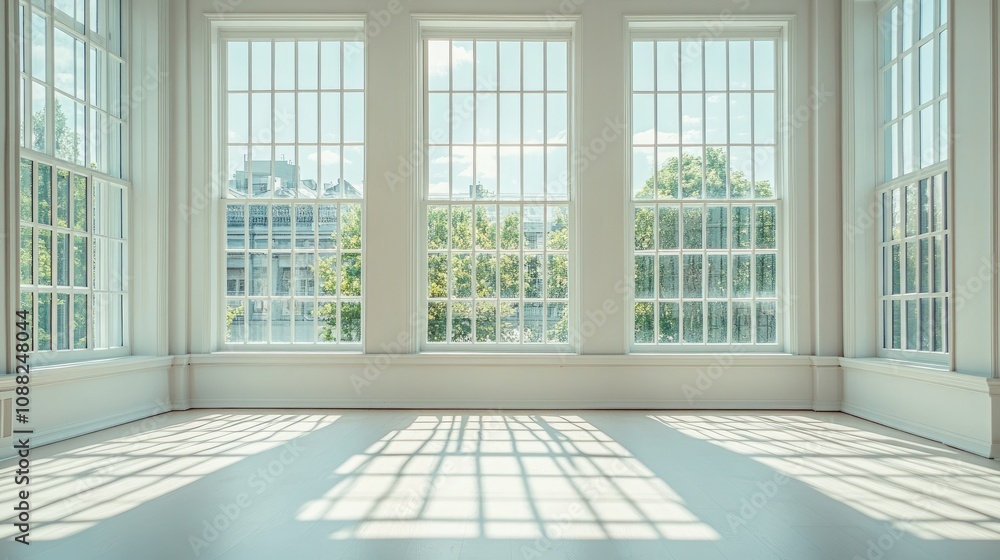 Fototapeta premium Bright and Airy Interior Space with Large Windows Showcasing Natural Light and Scenic Urban Views Perfect for Photography and Design Projects