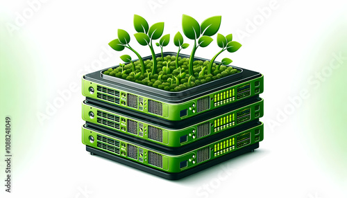 Green earthA data server icon with green plant sprouts emerging, symbolizing green computing, isolated on a wh4 photo