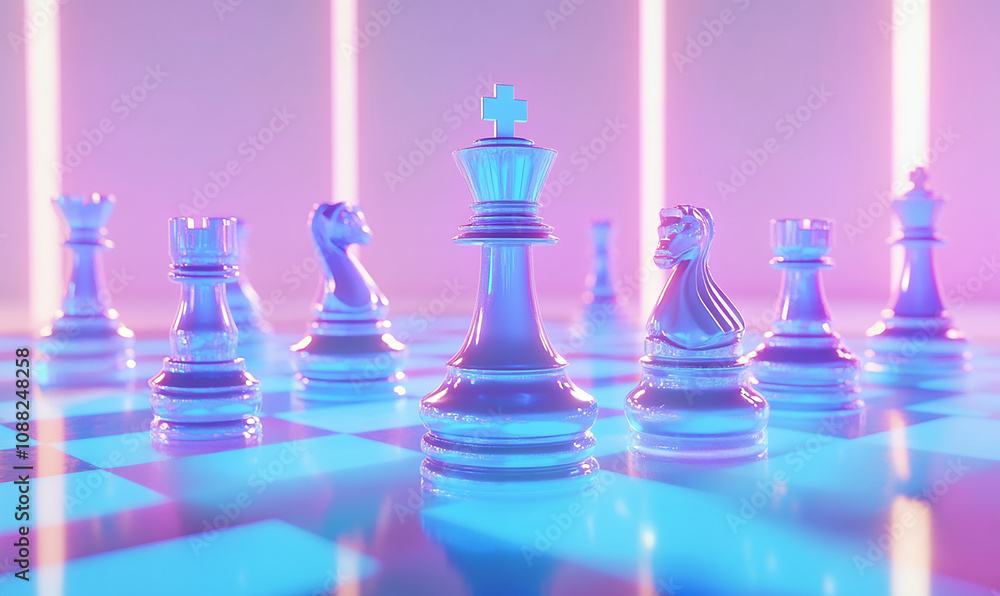 A blue digital chess set on a white background A blue digital chess set on a white background