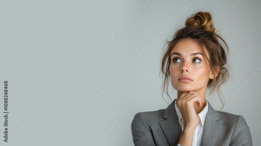Canadian business woman thinking and wondering calculate about ideas Canadian business woman thinking and wondering calculate about ideas