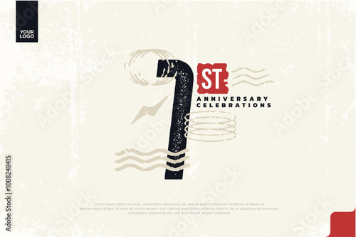 1st anniversary with grunge texture and abstract geometric shapes