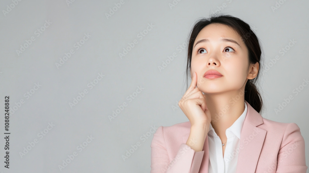 Chinese business woman thinking and wondering calculate about ideas Chinese business woman thinking and wondering calculate about ideas
