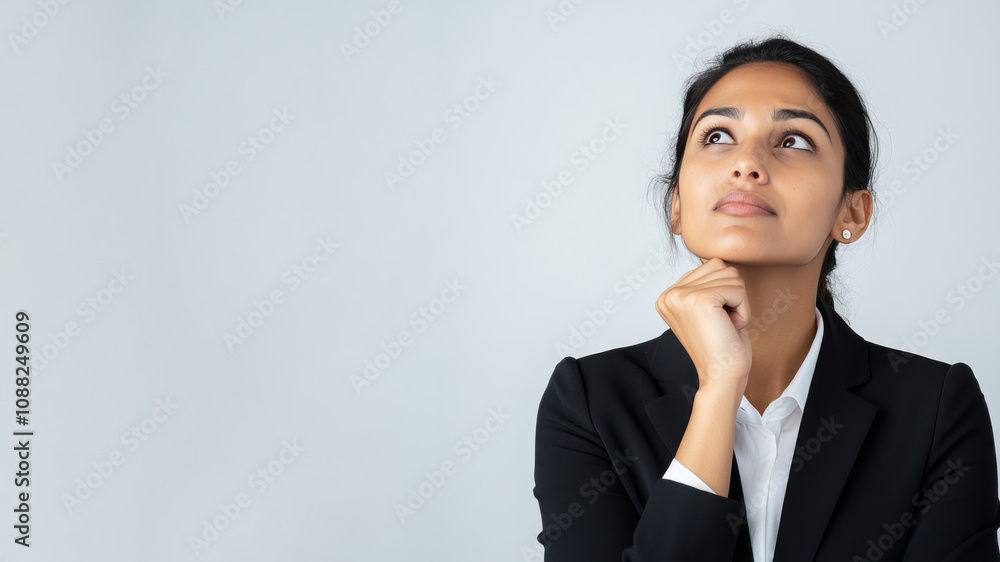 Indian business woman thinking and wondering calculate about ideas