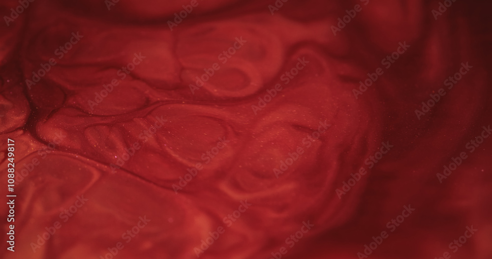 Obraz premium Marble spill. Paint fluid. Stone texture of bright enamel with glitter powder overflow. Pouring acrylic different colors on blood stream artistic background.