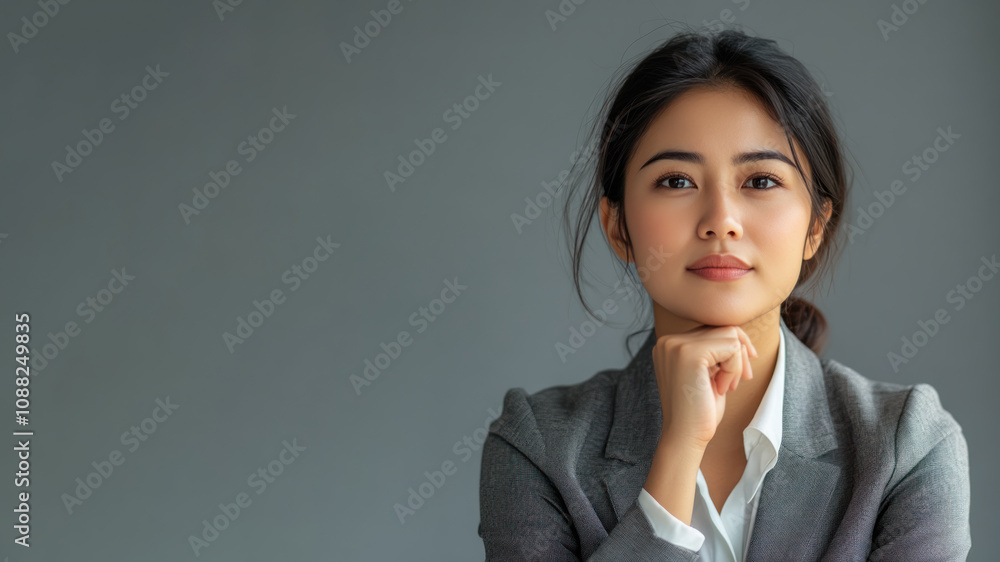 Indonesian business woman thinking and wondering calculate about ideas Indonesian business woman thinking and wondering calculate about ideas