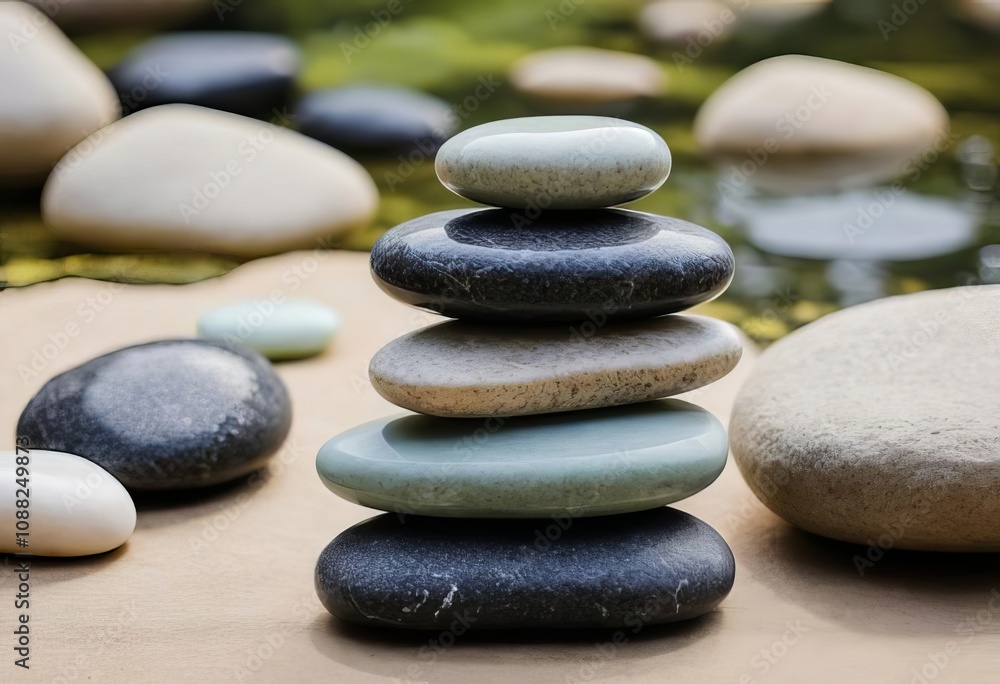 A stack of smooth stones in a peaceful setting A stack of smooth stones in a peaceful setting