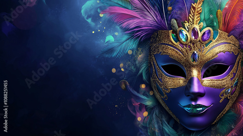 Colorful mardi gras mask with feathers and jewels creating festive atmosphere photo