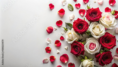 Romantic Red and White Roses Flat Lay for Valentine's Day - Low Light Photography, Scattered Petals, Love Concept, Greeting Card Design, Copy Space, Floral Arrangement