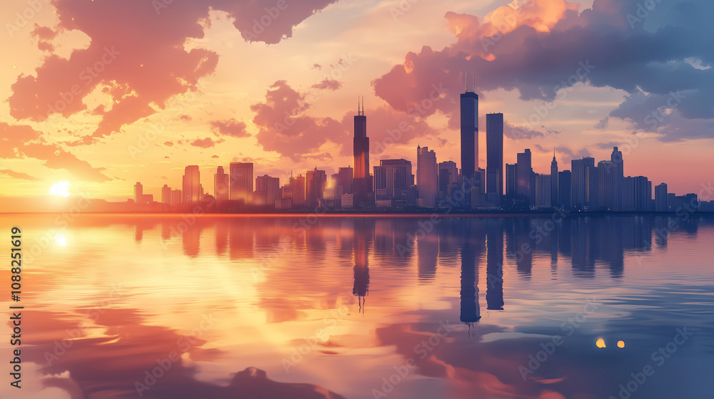 Fototapeta premium Golden hour city skyline reflected in calm water, high detail and soft colors.