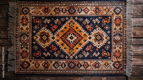 Handmade tribal rug with detailed geometric patterns and warm natural tones, high-resolution, fine texture display. 