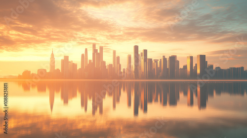 Golden hour city skyline reflected in calm water, high detail and soft colors.