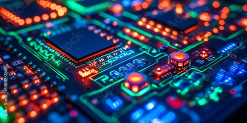 Close-up of illuminated circuit board with glowing components.