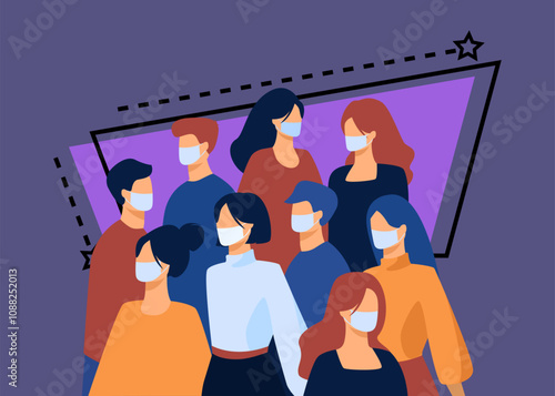 Crowd of people wearing face medical masks outside. Infection spread prevention in society. Vector illustration for coronavirus outbreak, safety, quarantine, disease concept