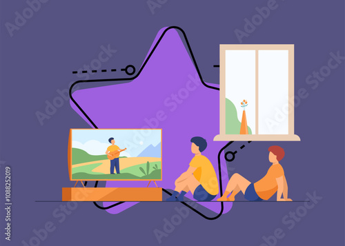 Children watching movie or show at home. Boys sitting at TV screen. Vector illustration for video, broadcasting, channel for kids concept