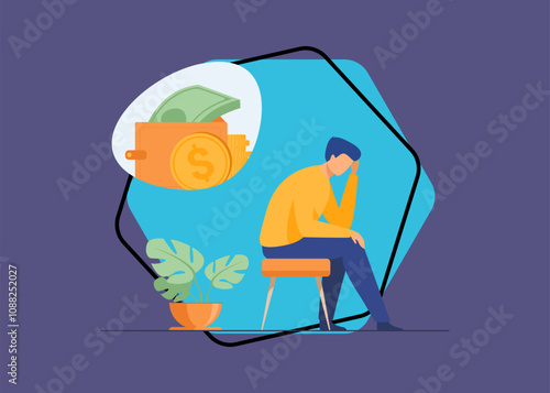 Depressed sad man thinking over financial problems and debts. Businessman broke, needing money, having unpaid loan. Vector illustration for bankruptcy, loss, crisis, trouble concept