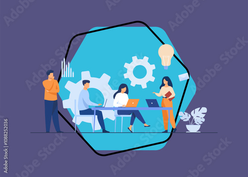 Company employees planning task and brainstorming flat vector illustration. Cartoon people sharing ideas and meeting. Teamwork, workflow and business concept