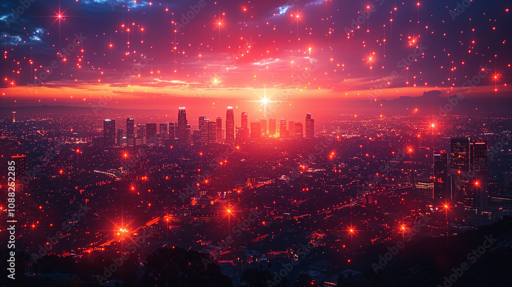 Obraz premium Cityscape at sunset with red, glowing 5G network overlays.