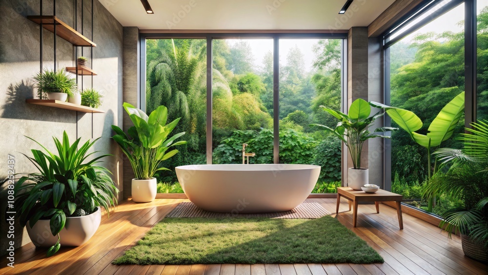 Serene Modern Bathroom Oasis with Sleek Bathtub and Lush Greenery for Relaxation and Rejuvenation Serene Modern Bathroom Oasis with Sleek Bathtub and Lush Greenery for Relaxation and Rejuvenation