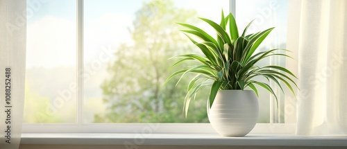 A bright indoor scene featuring a vibrant green plant in a minimalist white pot, positioned on a windowsill with natural light streaming in.