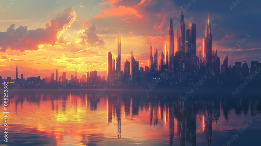 Golden hour city skyline reflected in calm water, high detail and soft colors. Golden hour city skyline reflected in calm water, high detail and soft colors.