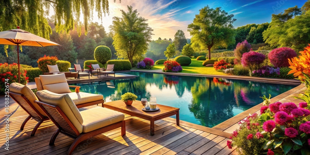 Obraz premium Serene Terrace Oasis: Relaxing by the Poolside with Lush Surroundings and Calm Waters for Ultimate Leisure Experience