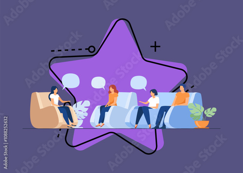 Group therapy and support concept. People meeting together to discuss addiction problem with psychologist. Flat vector illustration for counselling and help topics