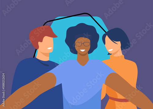 Happy diverse young people taking group selfie on mobile phone camera, standing together and smiling. Flat vector illustration for friendship, photo, self portrait concept