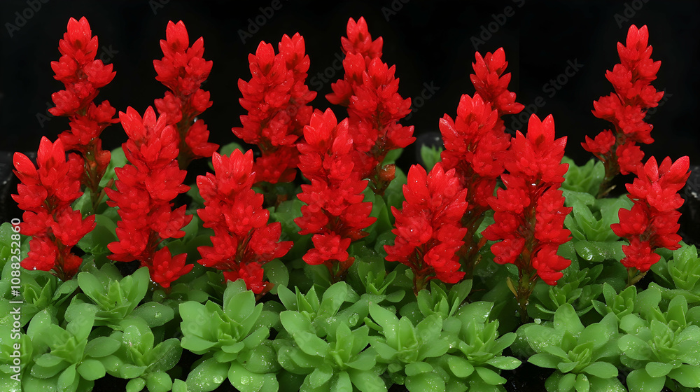 Vibrant Red Flowers with Green Foliage Against a Black Background for Nature and Floral Theme Projects Vibrant Red Flowers with Green Foliage Against a Black Background for Nature and Floral Theme Projects