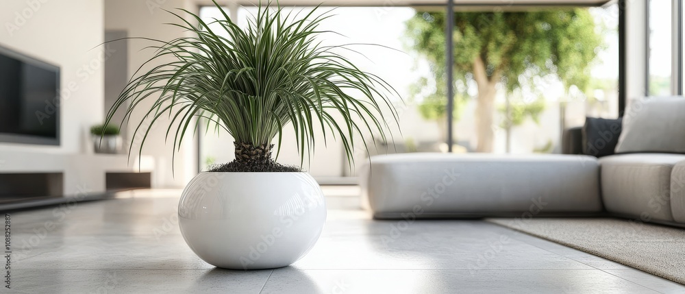 A modern living room featuring a potted plant in a white pot, emphasizing minimalistic design and natural light. A modern living room featuring a potted plant in a white pot, emphasizing minimalistic design and natural light.