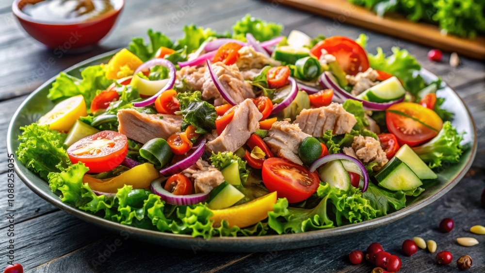 Freshly chopped tuna salad with vibrant vegetables and zesty dressing, tuna, salad, chopped, fresh, vegetables, healthy, lunch Freshly chopped tuna salad with vibrant vegetables and zesty dressing, tuna, salad, chopped, fresh, vegetables, healthy, lunch