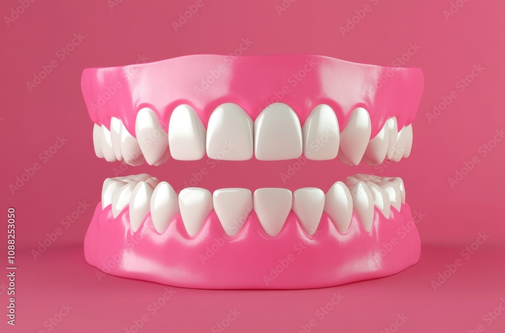 Fototapeta premium Realistic Dental Model with White Teeth Set Against Vibrant Pink Background for Oral Health and Dental Care Concepts and Illustrations