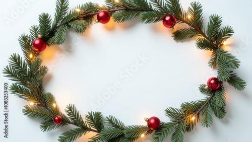 Christmas wreath in oval shape made from evergreen branches, decorated with red ornaments, berries and glowing string lights on white background. Perfect holiday and seasonal decor, space for text.