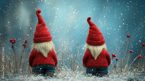 Two Gnomes Standing Back To Back In Snowy Winter