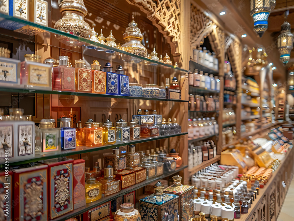 Fototapeta premium Ornate Perfume Bottles Displayed on Wooden Shelves in a Luxurious Shop