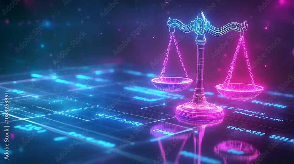 Glowing scales of justice on digital background. Glowing scales of justice on digital background.