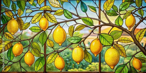 Stained Glass Lemons on Tree Landscape - Citrus Art Panel, Minimalist Photography, Scenic Backdrop, Nature Inspired, Decorative Art Piece for Home and Garden Decor