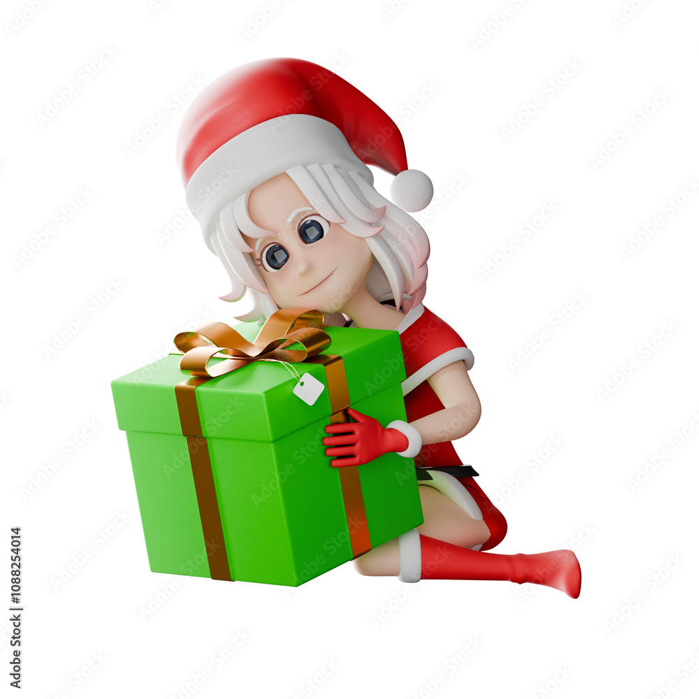 Girls Santa Claus Holiday Model. A girl santa sits on the floor with both hands hugging a gift. 3D Festive Cartoon Girls Santa Claus Holiday Model. A girl santa sits on the floor with both hands hugging a gift. 3D Festive Cartoon