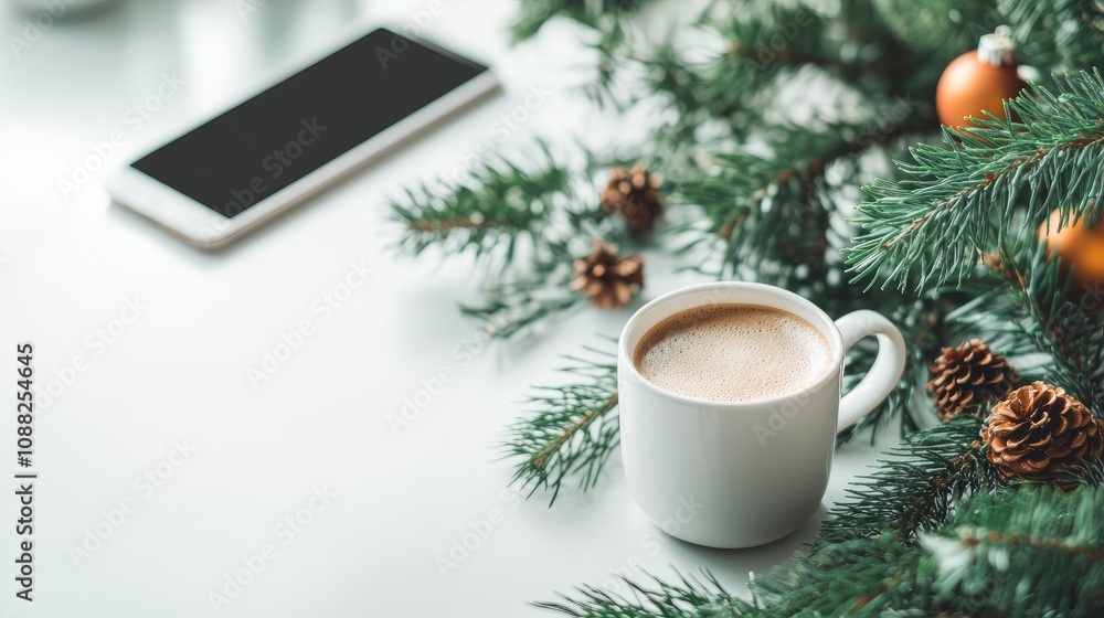 Festive Coffee Break With Pine Branches And Smartphone Festive Coffee Break With Pine Branches And Smartphone