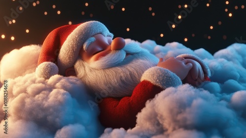 Santa Claus Sleeping Peacefully on Clouds at Night